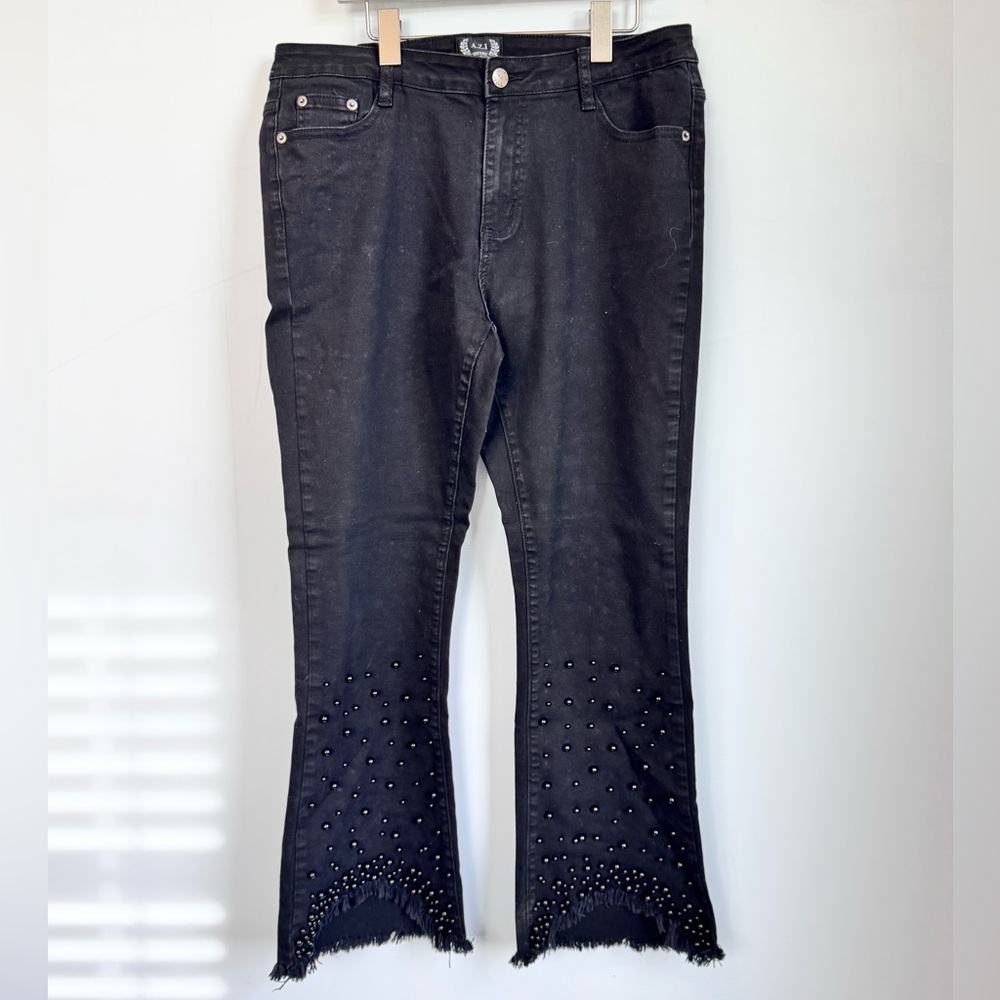 AZI Black Embellished Bootcut Raw Hem Ankle Jeans Size 12